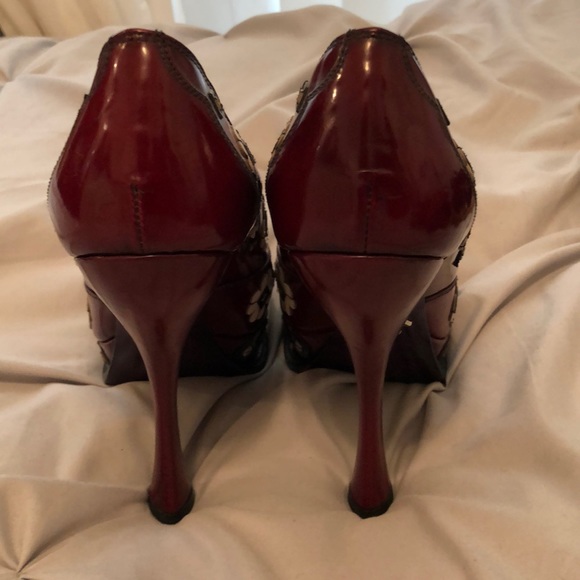 Prada iconic Burgundy Flowered Platforms.  Size 37.